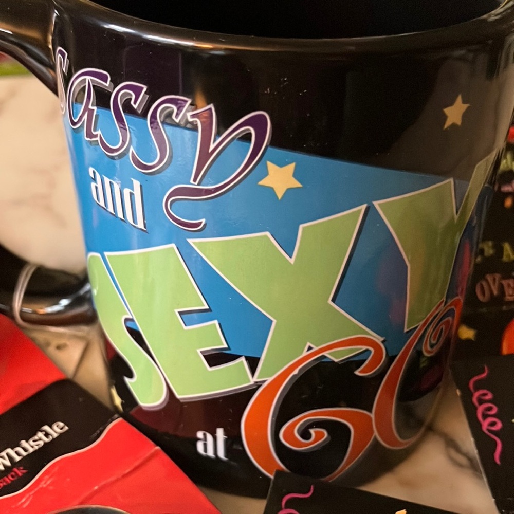 Russ‎ “Sassy & Sexy at 60” party pack: mug, buttons, whistles